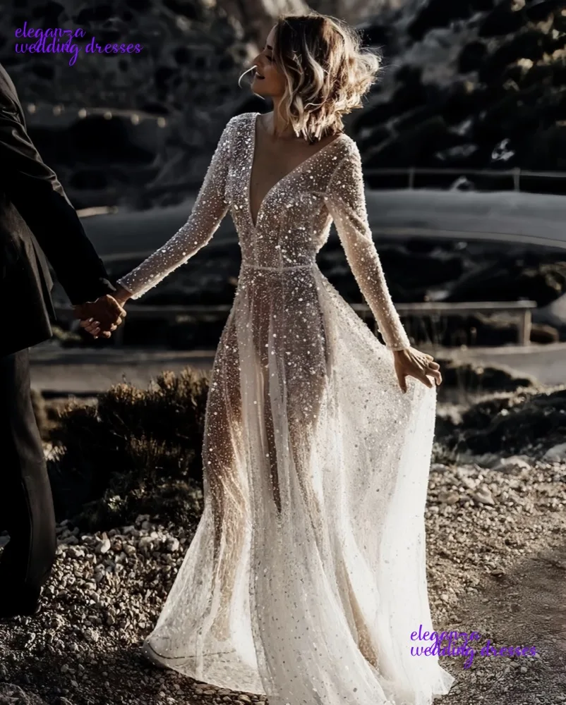 Abiti da sposa moderni personalizzati con paillettes con scollo a V maniche lunghe lunghezza pavimento abiti da sposa senza schienale Robe De Marié 2025