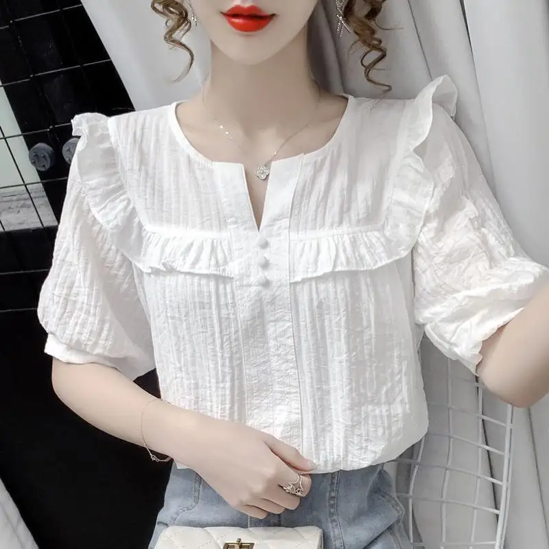 Summer New Casual Fashion Ruffles Solid Simple Shirt Ladies Short Sleeve Loose All-match Pullover Blouse Women Oversized Tops