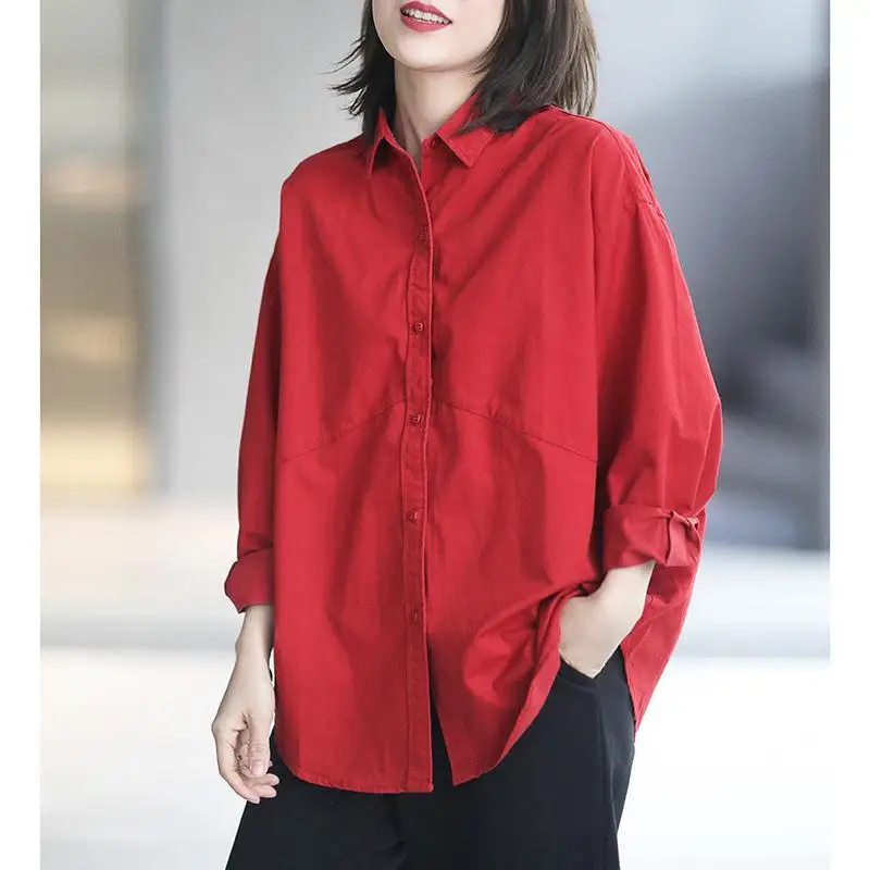 Red Long Sleeved Shirt For Women\'s 2023 New Spring And Autumn Loose Casual Lapel Top