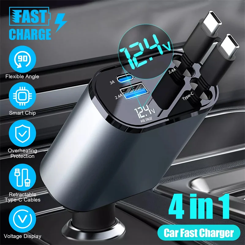 120 W 4-in-1 einziehbares Autoladegerät USB C Schnellladung für IPhone Xiaomi Huawei Zigarettenadapter