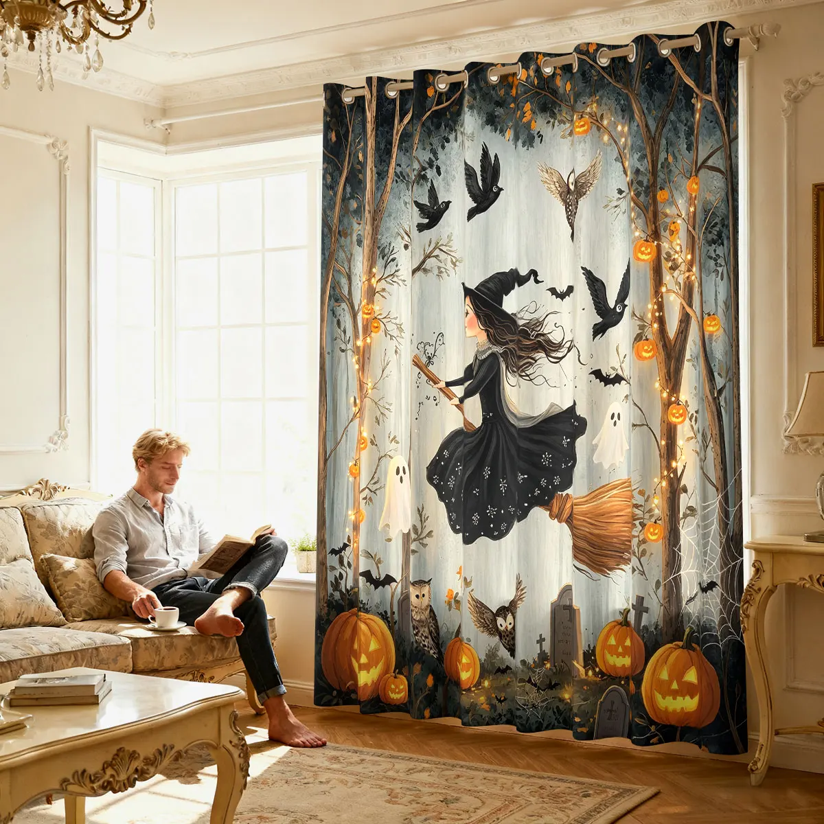 1PC Halloween Witch Pumpkin Ghost Forest Print Single Loop Curtain For Living Room Bedroom Door Window Home Decor view 4