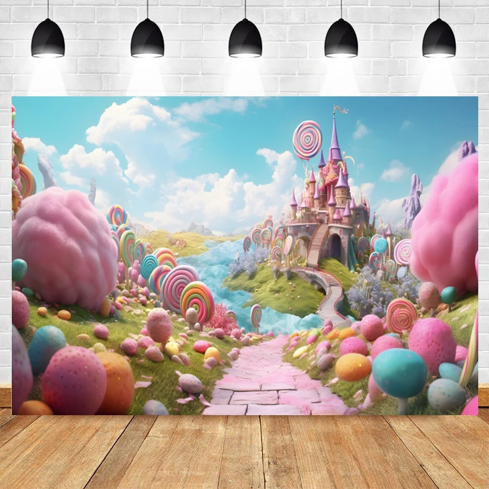 Pink Candy World Backdrop Sweet Candyland Castle Lollipop House Baby Birthday Party Portrait Background Cake Smash Photo Studio