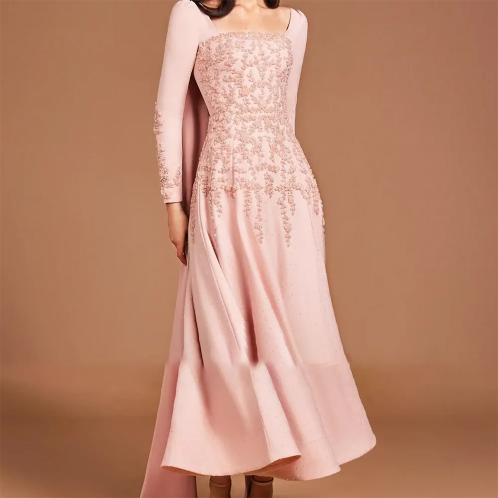 

Elegant Square Collar Appliquins Full Sleeve Straight Formal Evening Dresses Birthday Party Prom Gowns Customized