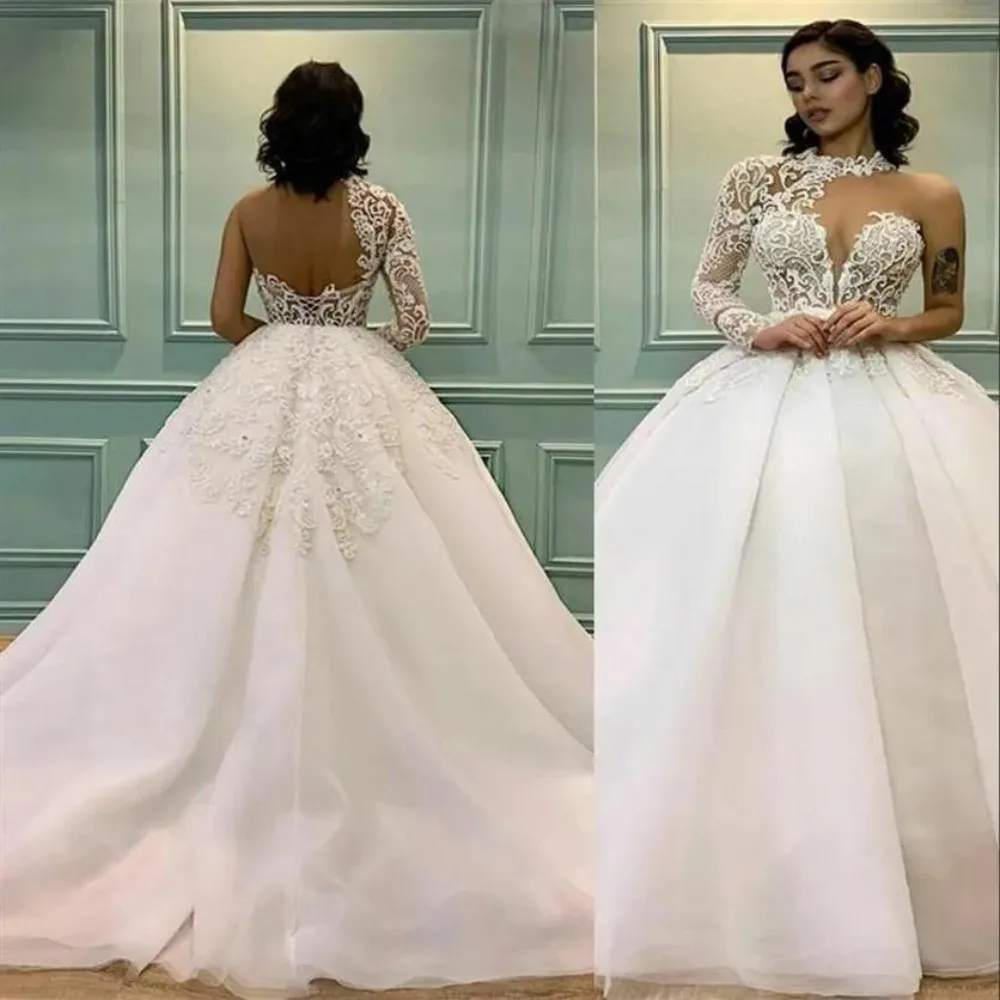 Prinzessin A-Linie Brautkleid eine Schulter lange Ärmel Applikationen schnüren zurück böhmischen Brautkleid vestido de novia