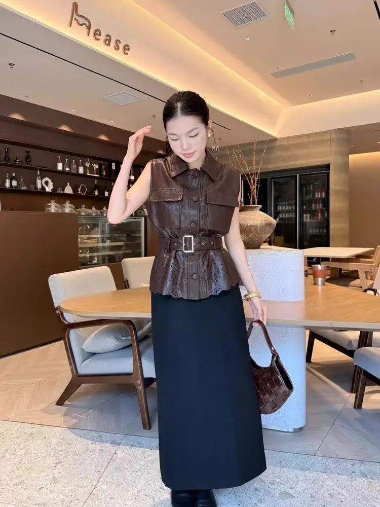 Faux PU Leather Vest Hollow-Out Floral Hem with Belt Edgy-Vintage Style for Fashion Enthusiasts Office Lady Streetwear French