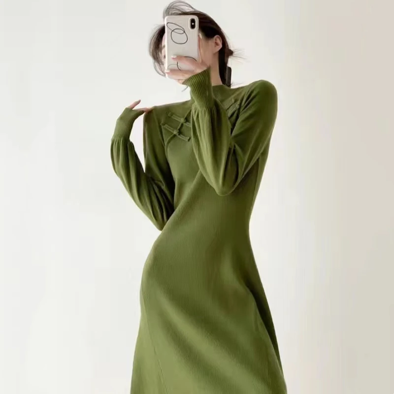 Women\'s Improved Cheongsam Midi Dress, Long Sleeve, Knitted Sweater, Vintage Clothing, Sexy, Autumn, Winter,