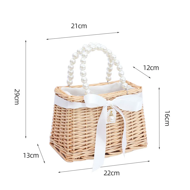 Straw Tote Hand Bags for Women Rattan Weaving Basket Purse Handbag Ladies Pearl Handle Beach Ribbons Clutch Bag