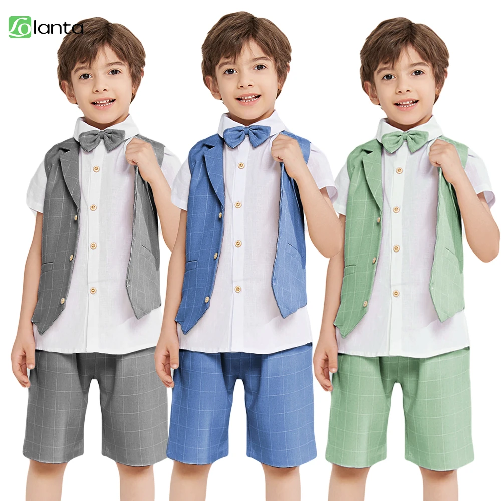 LOlanta 4Pcs Summer Boys Suit Dress Clothes Kids Wedding Ring Bearer Outfit Shirt Vest Shorts Set 2-11Years