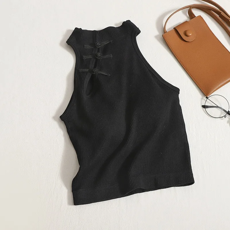

Vintage Chinese Button Tank Tops with Bra Pad Halter Tops O-Neck Elegant Crop Tops Retro Button Cheongsam Style Cloth for Women
