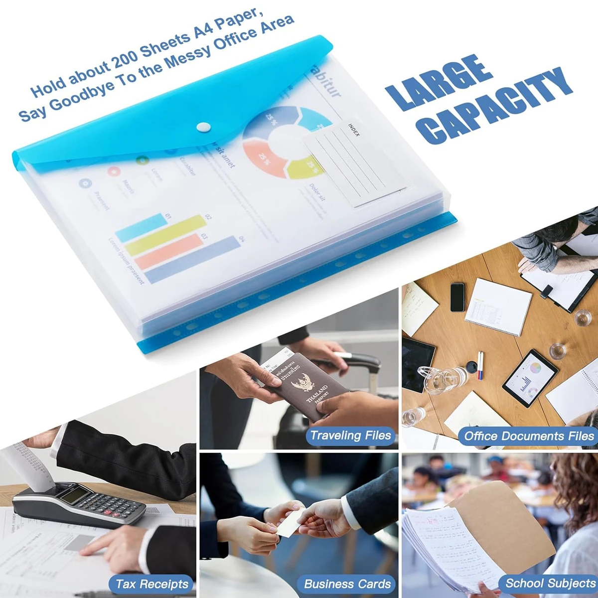 12pcs Punched Pocket Clear Plastic Wallet Binder Folders with 11 Hole File Binder Pockets with Snap Closure