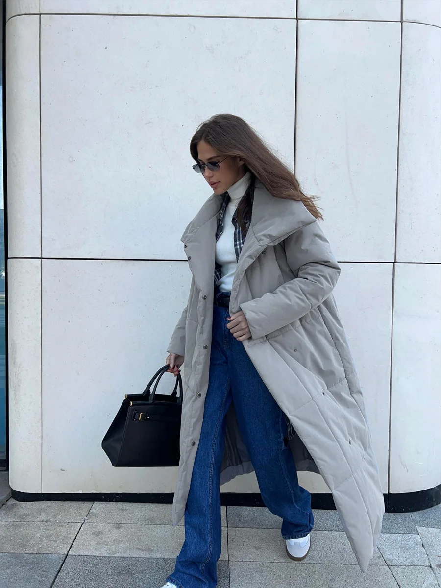 AW Women New Loose Quilted Jackets Parkas Winter Coats Oversized Warm Long Belt Puffer Jackets Ladies Cotton Padded Jacket