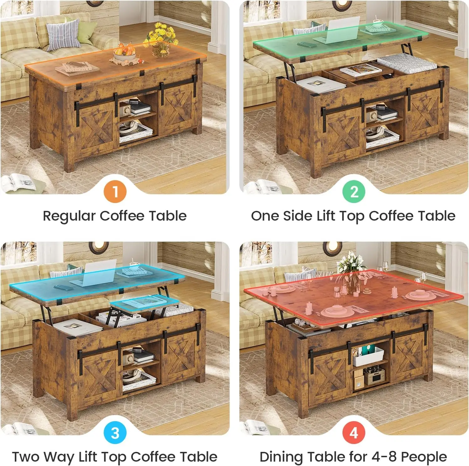 Mesas de Café Conversíveis com Armazenamento e Escondido Compartimento para Sala, Lift Top, Rustic Brown, 4 em 1