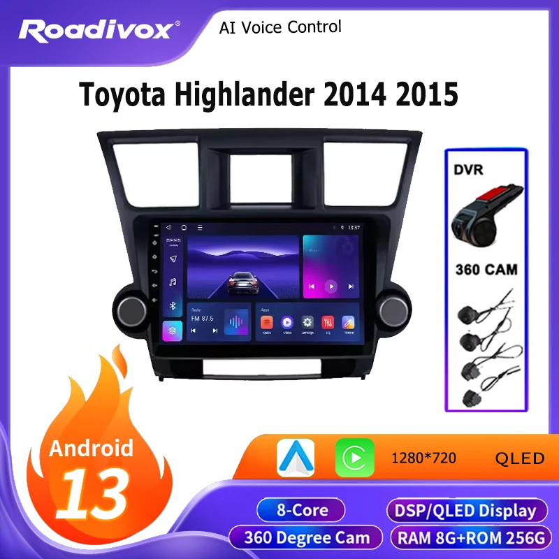 

roadivox Android car radio for Toyota Highlander 2014 2015 stereo GPS Navigation video Multimedia Player tape recorder