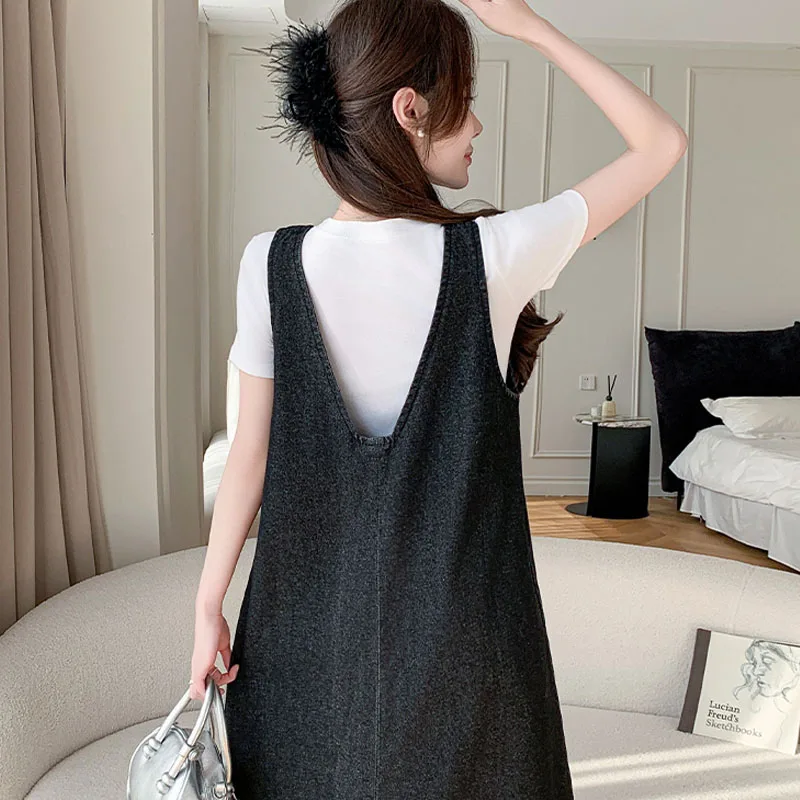 Vestido vaquero holgado informal con tirantes finos para mujer, vestido vaquero de talla grande sin mangas, pantalones vaqueros negros, bata femenina KE25