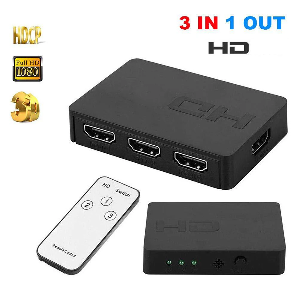 3 Port HDMI-compatible Switch 3x1 1080P HDMI Switcher Selector 3 in 1 out Adapter with IR Remote Control for PC Laptop Ps4 DVD