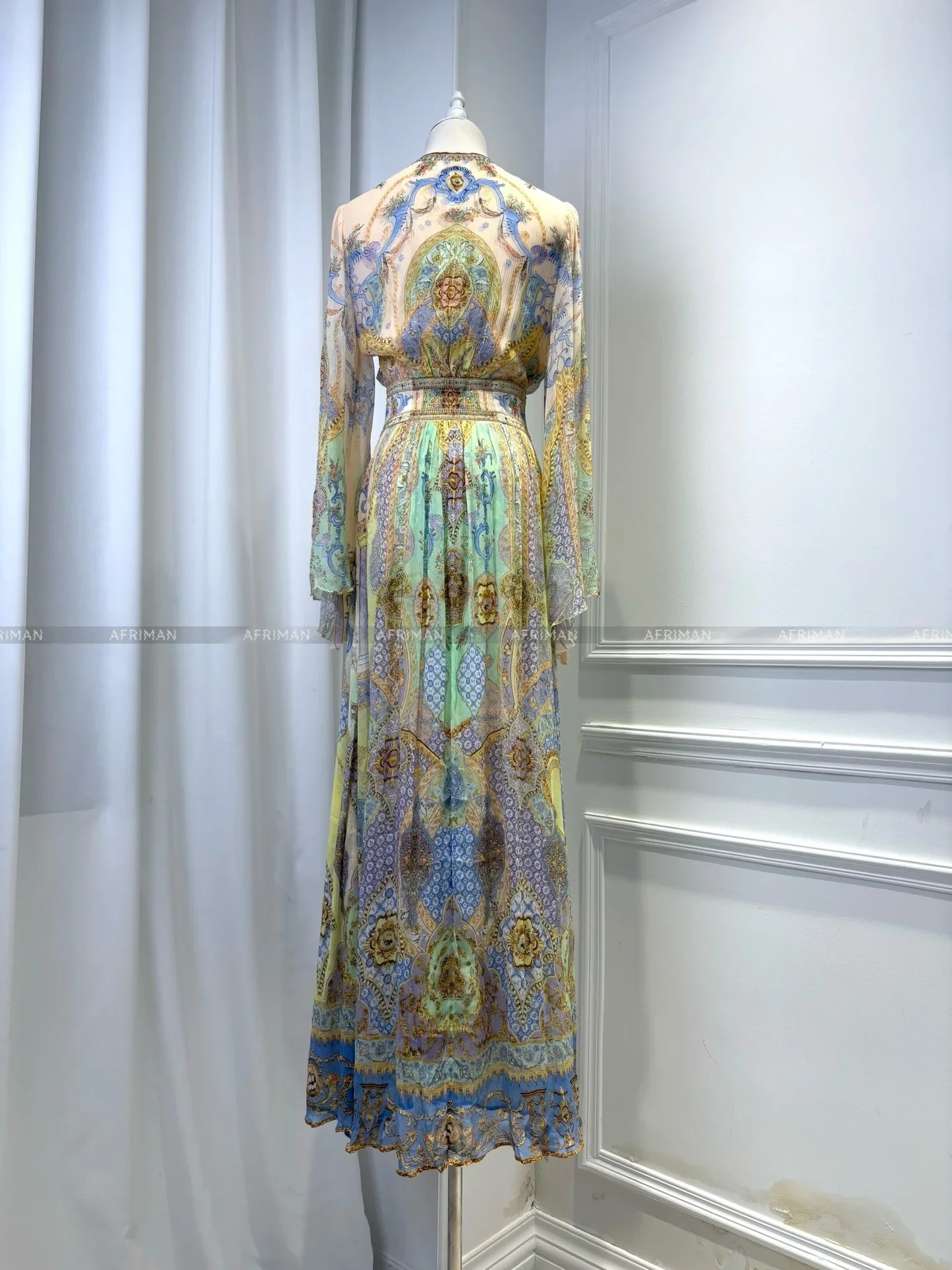 المرأة الخامس الرقبة كريستال مطرز مضيئة كم طويل زهرة طباعة عطلة ارتداء فستان ماكسي طويل الحرير #6