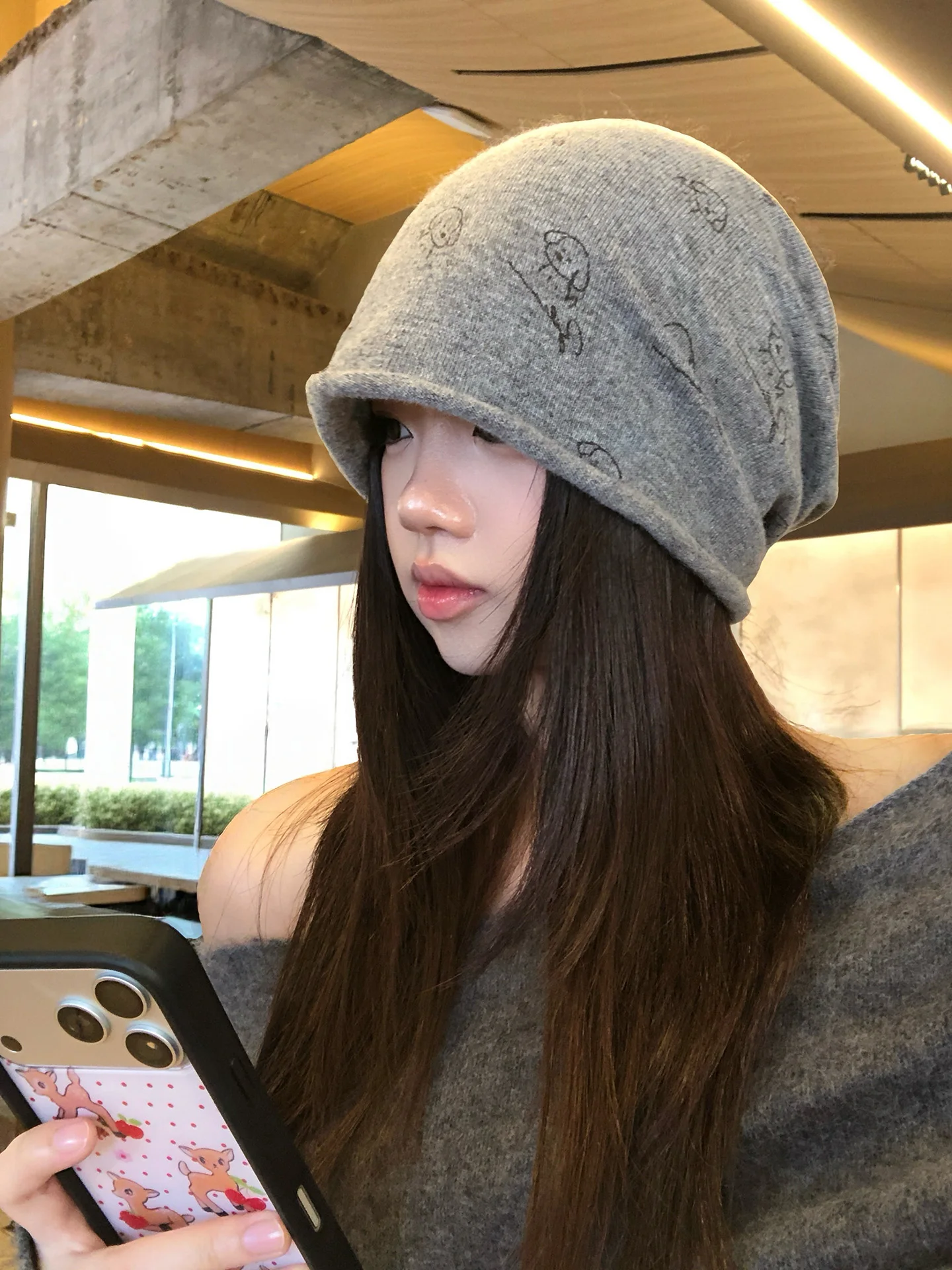 Cute Embroidered Dog Knitted Cuffed Beanie Women's Sweet Versatile Face Slimming Large Head Size Adjustable Overhead Hat