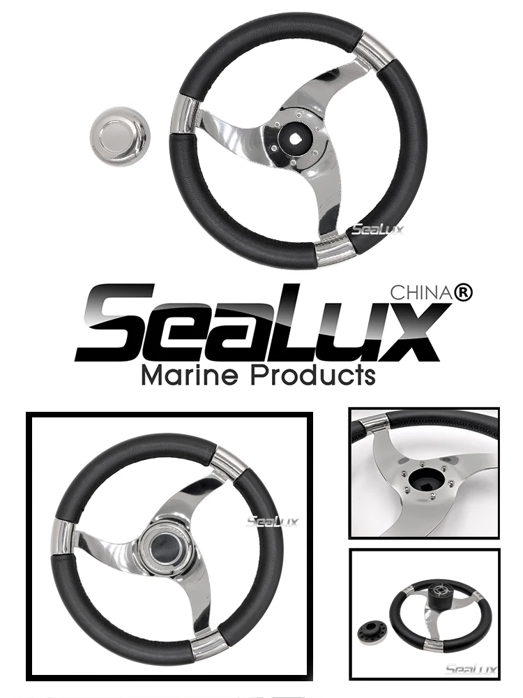 Sealux 13-1/2 Zoll Edelstahl-Sportlenkrad mit PU-Schaum und Echtlederbezug High-End für Marine-Yacht-Boot – Detail 1