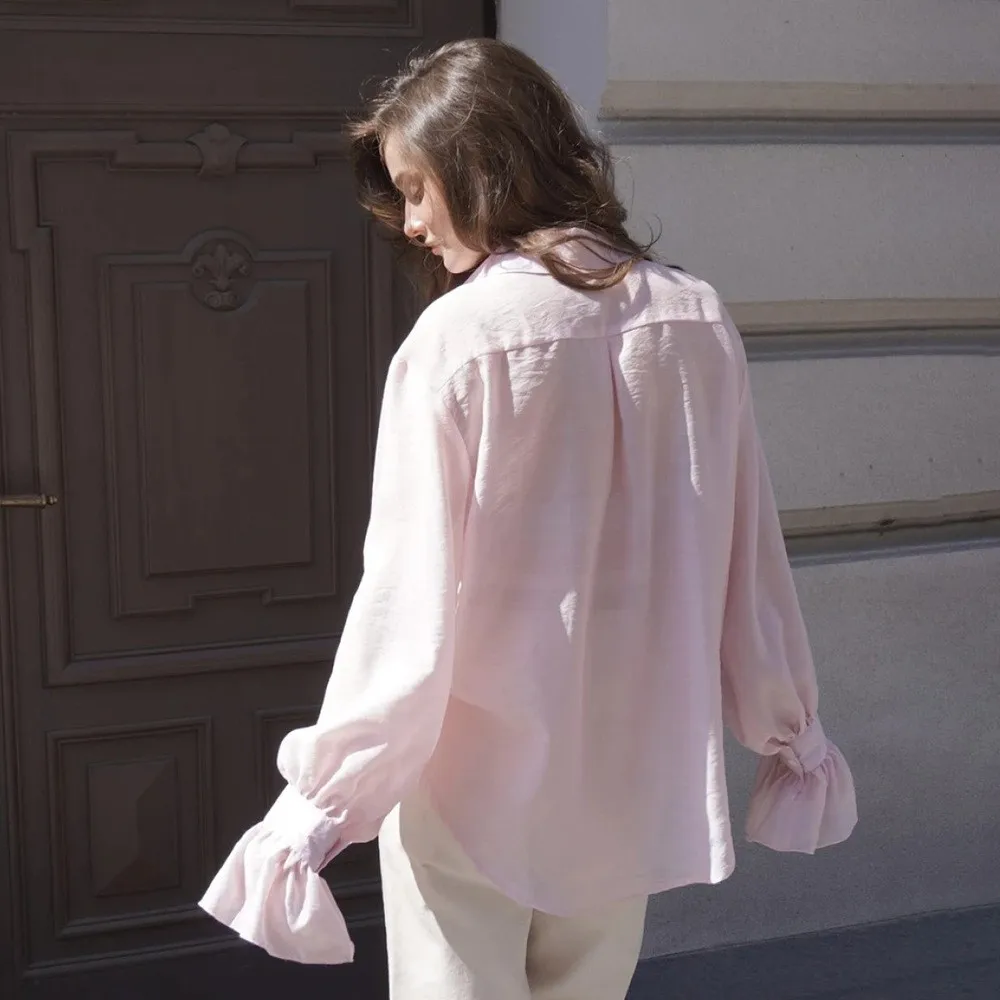 Long Sleeve Loose Fit Top Midi Length Elegant Commuter with Notched Collar Flared Sleeve No Pattern No Stretch Women Blouse