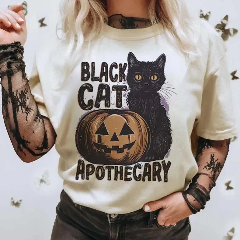 Czarny kot Apochary Print Trend Wszechstronny 90s Krótki rękaw Cartoon Print Pattern Basic Style Plus Size Halloween Top T-Shirt