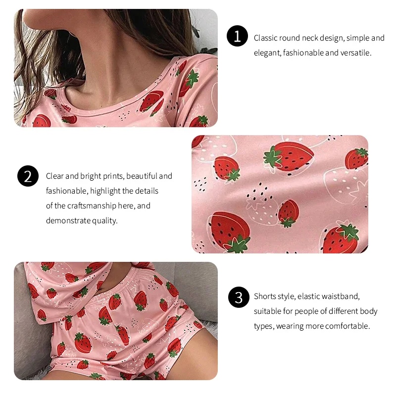 Pajamas Set for Women Breathable Strawberry Print Sleepwear Comfy Short Sleeve Top and Shorts Pyjama Home Loungewear for Ladies