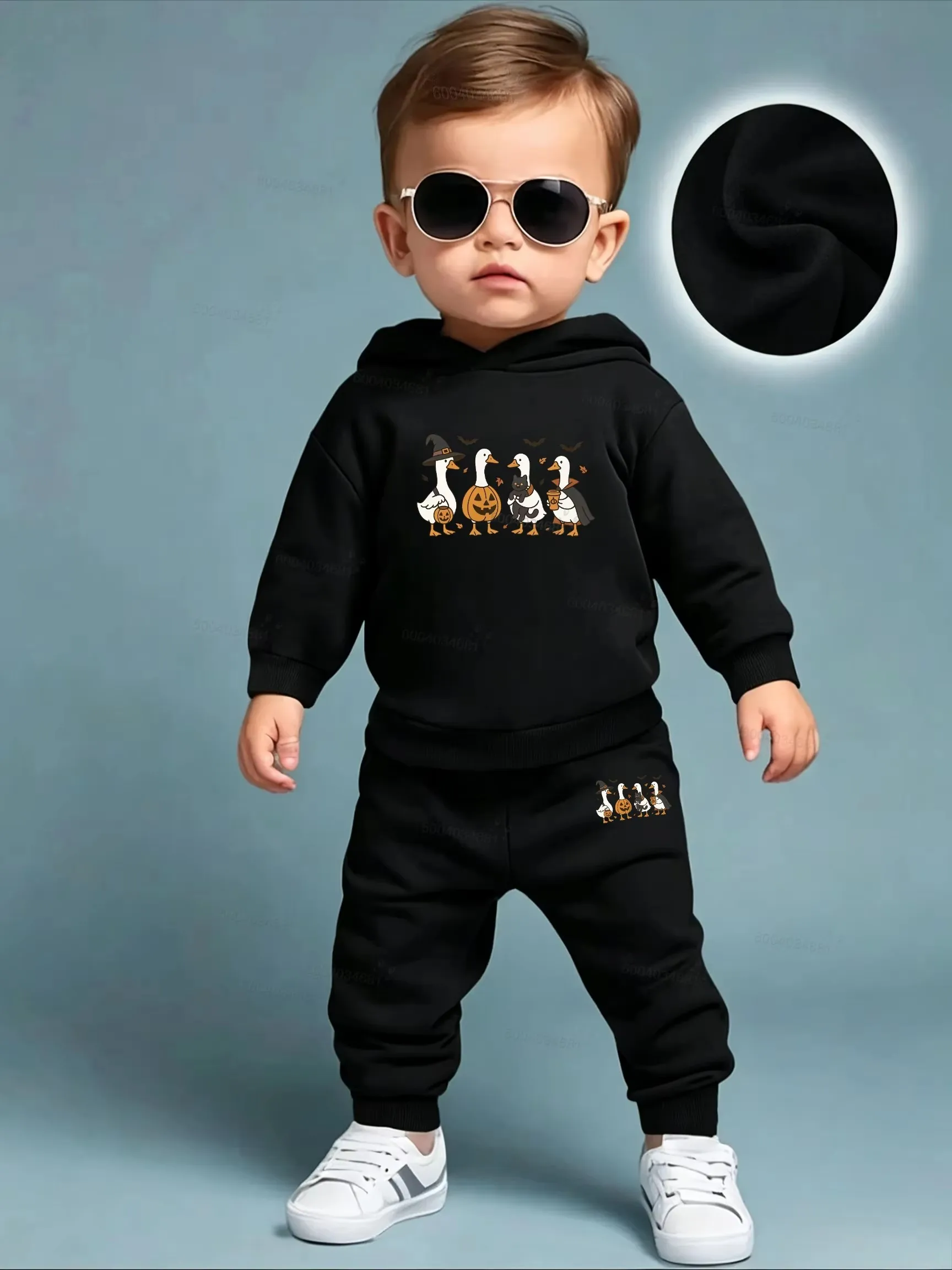 Latest children's warm fleece pullover sweatpants with hood-Halloween series print-Boys'and girls' baby fall and winter gift set