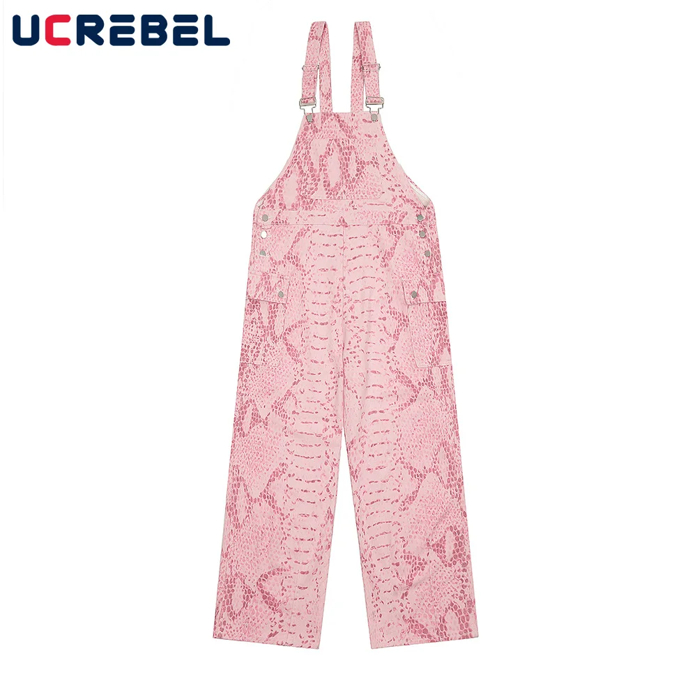 Snake Pattern Overalls Mens High Street Pocket Loose Wide Leg Trousers Jumpsuit Men Pants