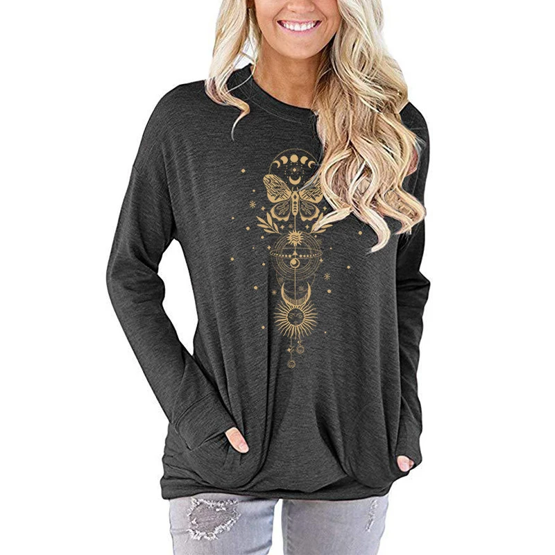 Butterfly Sun And Moon Print Pocket Long Sleeve T-shirts For Women Casual Loose Round Neck Sweatshirts Top Comfy S-XXL Pullovers