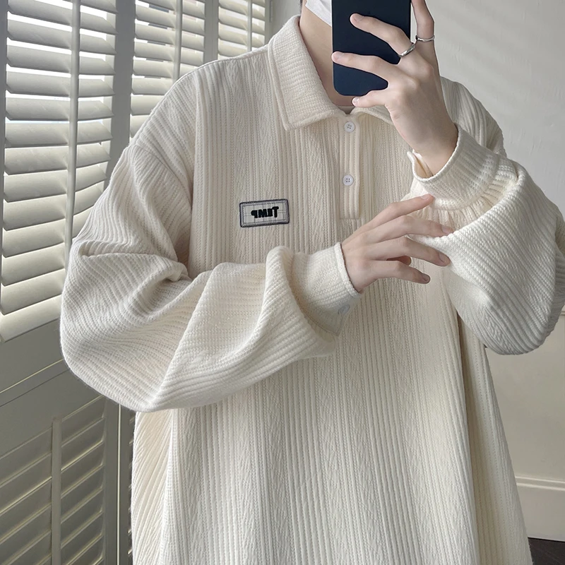 

Вязаная футболка с длинным рукавом для мужчин, весна-осень, высококачественная, модная, брендовая, молодежная, с воротником, повседневная, стильная.