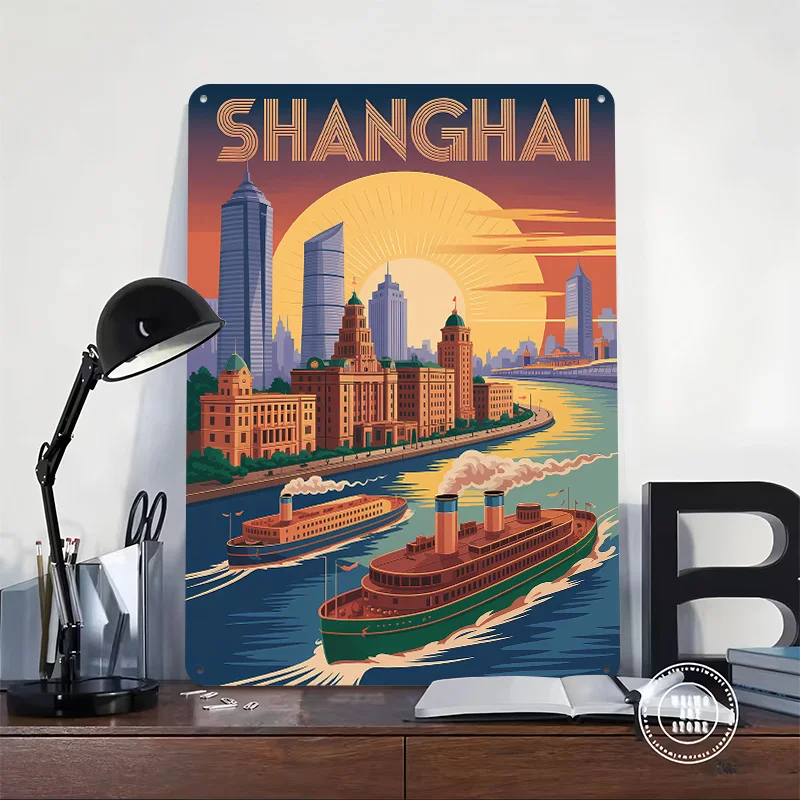 Shanghai Cityscape With River and Boats Printed Poster Customized Retro Wall Art Vintage Metal Tin Signs for Home Bathroom Decor