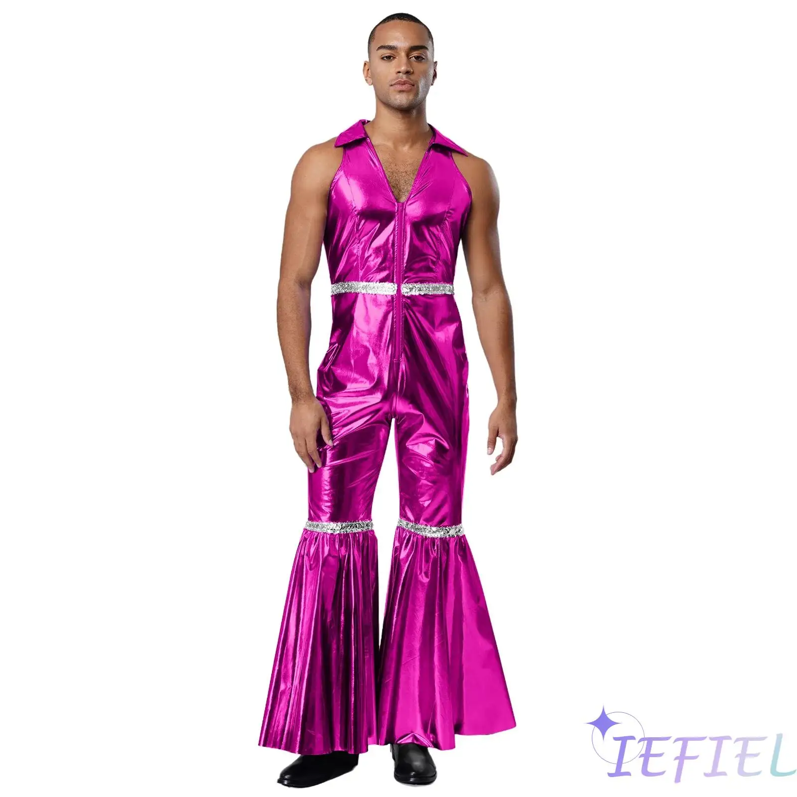 

Mens 70s Disco Rompers Lapel V Neck Sleeveless Front Zipper Sequins Bell Bottom Long Pants Jumpsuit for Retro Party Jazz Dance