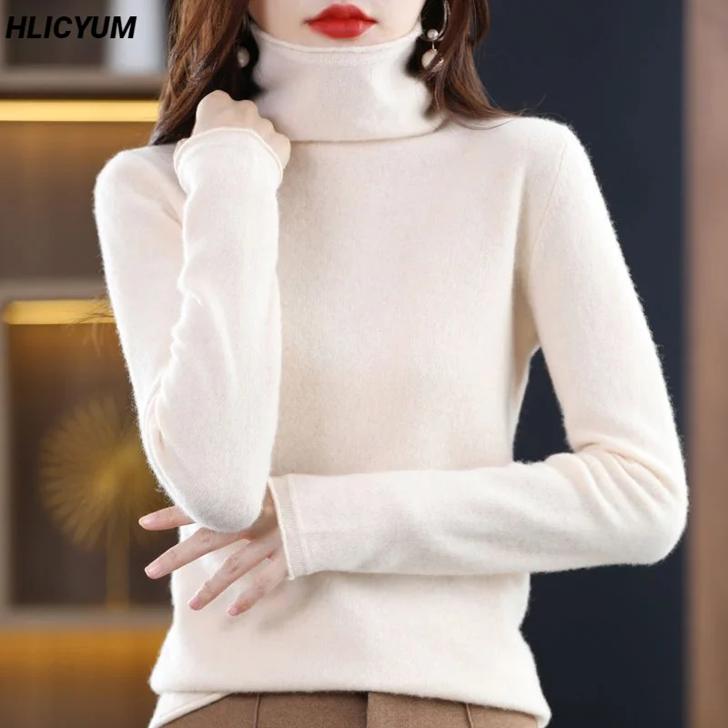 

2023 Autumn/Winter New Women's Pullovers 100% Pure Wool Sweaters Casual Solid Knitwear Turtleneck Fit Basics Versatile Blouse