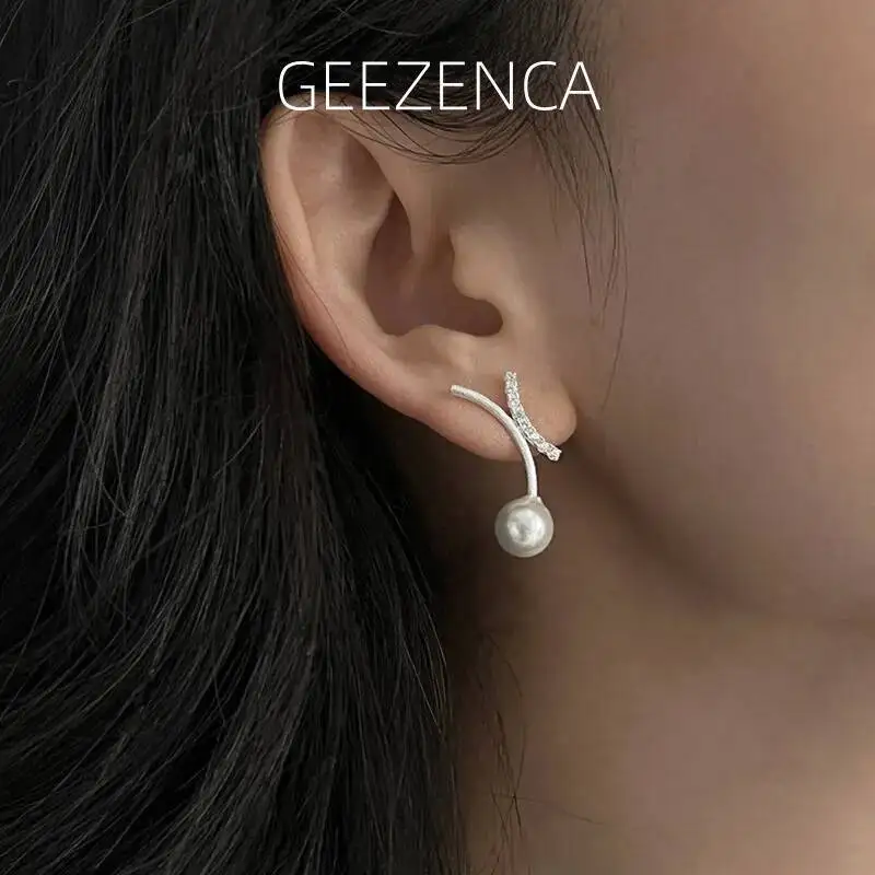 

GEEZENCA S925 Серебряные серьги-гвоздики с жемчугом и кубическим цирконием X Duo Curve, массивные серьги для женщин, модные изящные серьги-гвоздики, подарок на вечеринку для нее