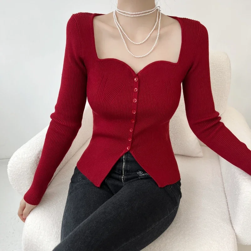 

Retro Burgundy Slim-fitting Sweater Long-sleeved Square Neck Wave Collar Buttoned Bottoming Shirt Tops XQ505