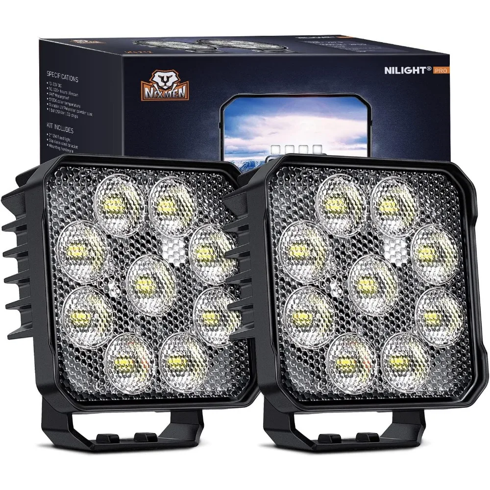 

2 Pack 4Inch LED Pods Square 3370LM EMC Work Light 90° Flood Beam Offroad Side Rear Backup for Vehicle Tractor Boat