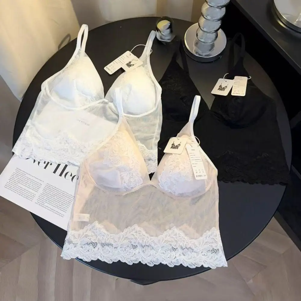 

Sweet Mesh Transparent Sleeveless Crop Top V Neck Slim Fit Women's Vest Top Undershirts Seamless Lace Camisole with Pads Girl