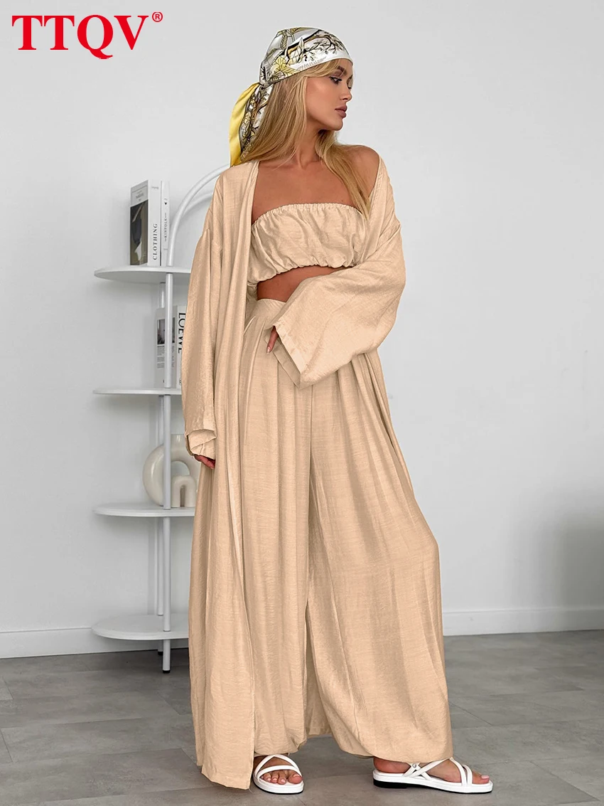 

TTQV Fashion Loose Orange Women's 3 Pieces Set 2026 Elegant Long Sleeve Robes + Tube Top With High Waist Wide Pants Set Female