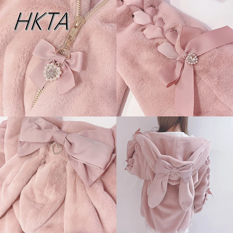 Japanese Clothes High-end Fashion Cute Mine Tie Rabbit Ears Strap Bow Zipper Plush Coat Autumn Winter Thickened Warm Fur Jacket