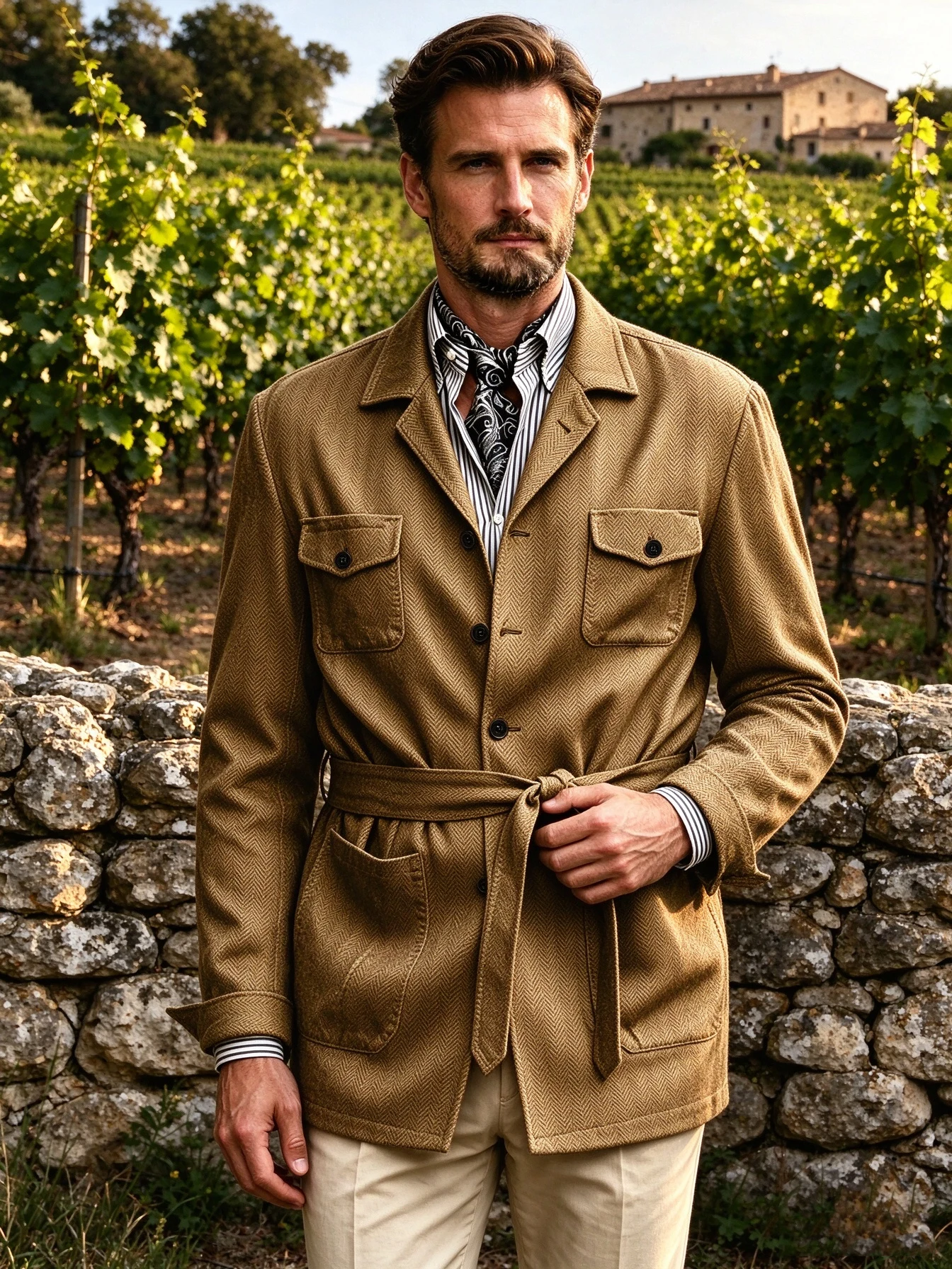Men's Herringbone Tweed Safari Jacket with Belt Wool Blend Notched Lapel Sport Coat Multi Pocket Business Casual Field Jacket