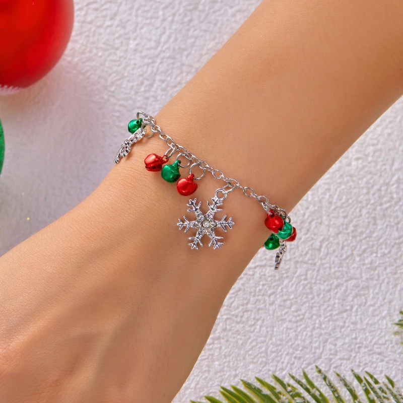 Christmas Glitter Snowflake Bell Pendant Bracelet for Women Rhinestone Necklace Xmas Joy Holiday Party Jewelry Gift