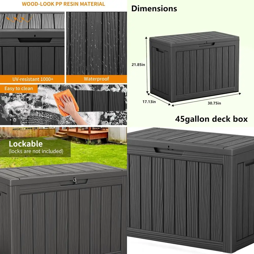 

Запираемый ящик для хранения на открытом воздухе на 45 галлонов для патио, сада и инструментов черного цвета