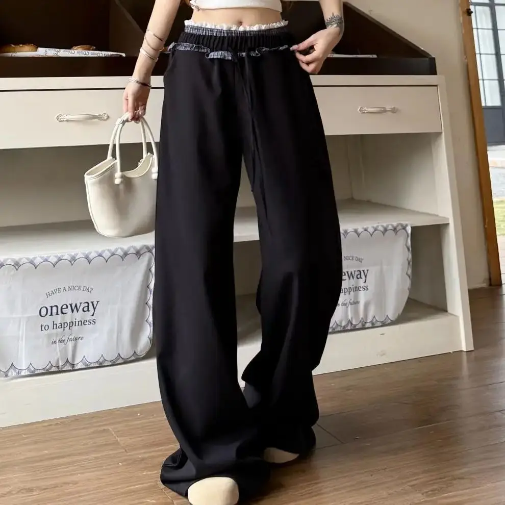 

Korean lace double waist casual pants for women in spring and summer new design with loose and versatile wide-leg floor trousers