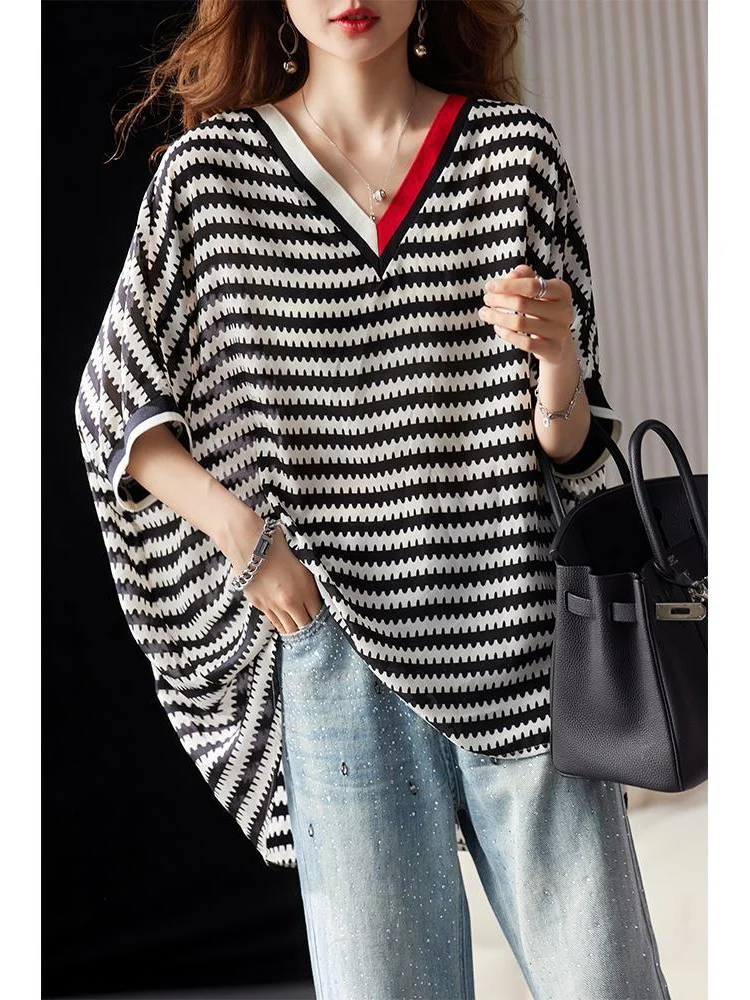 

plus Size 300 Pou Slim V-ne Striped Splicing Loose Casual ort Sve T-irt for Hourglass Pear Body pes