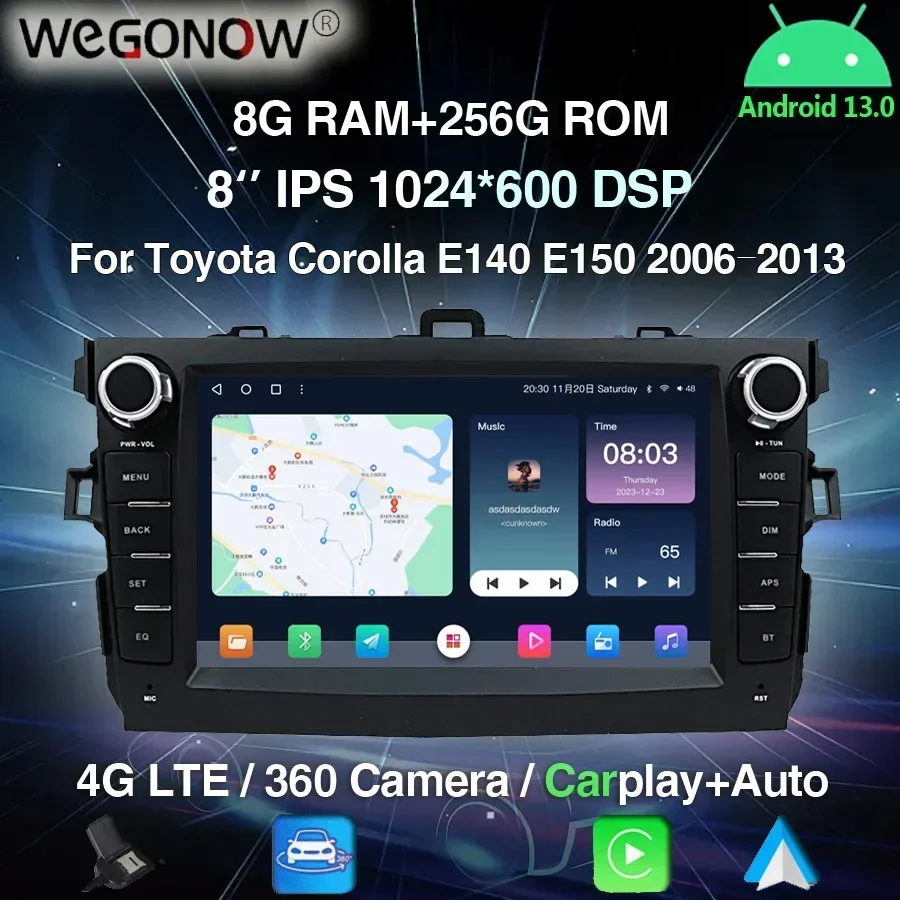 

Carplay DSP 8''IPS Android13.0 8G+256G 360 camera 4G LTE Car DVD Player GPS WIFI BT Radio For Toyota Corolla E140 E150 2006-2013