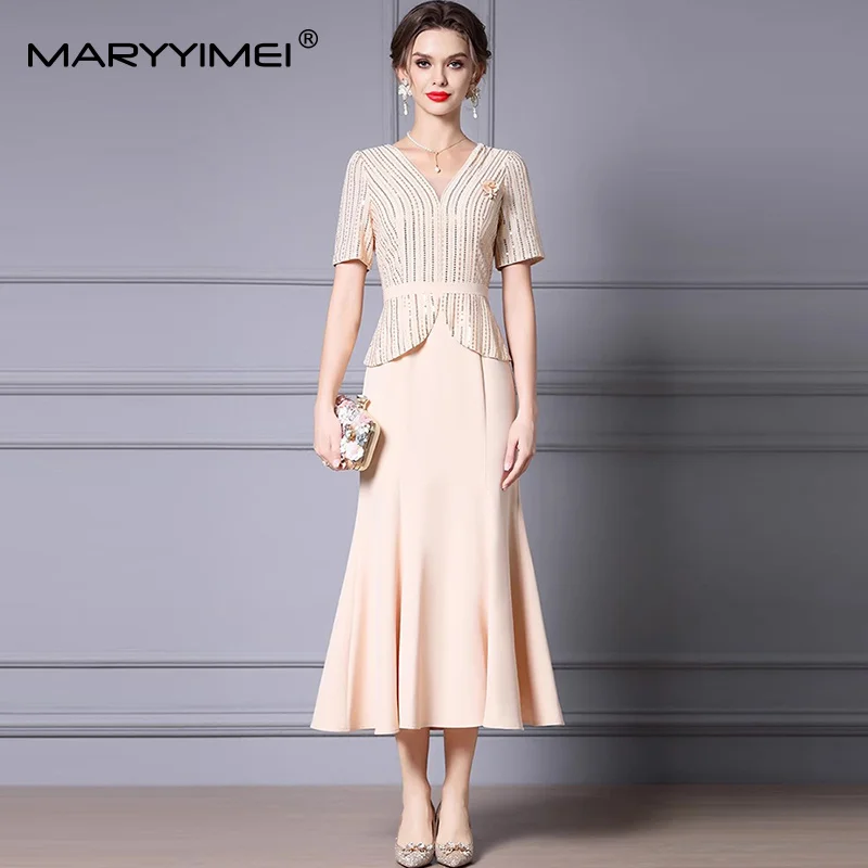 

MARYYIMEI French New Arrival Women's Dress V-Neck Short Sleeve Sequins Striped High waist Slim Elegant L-5XL Dresses