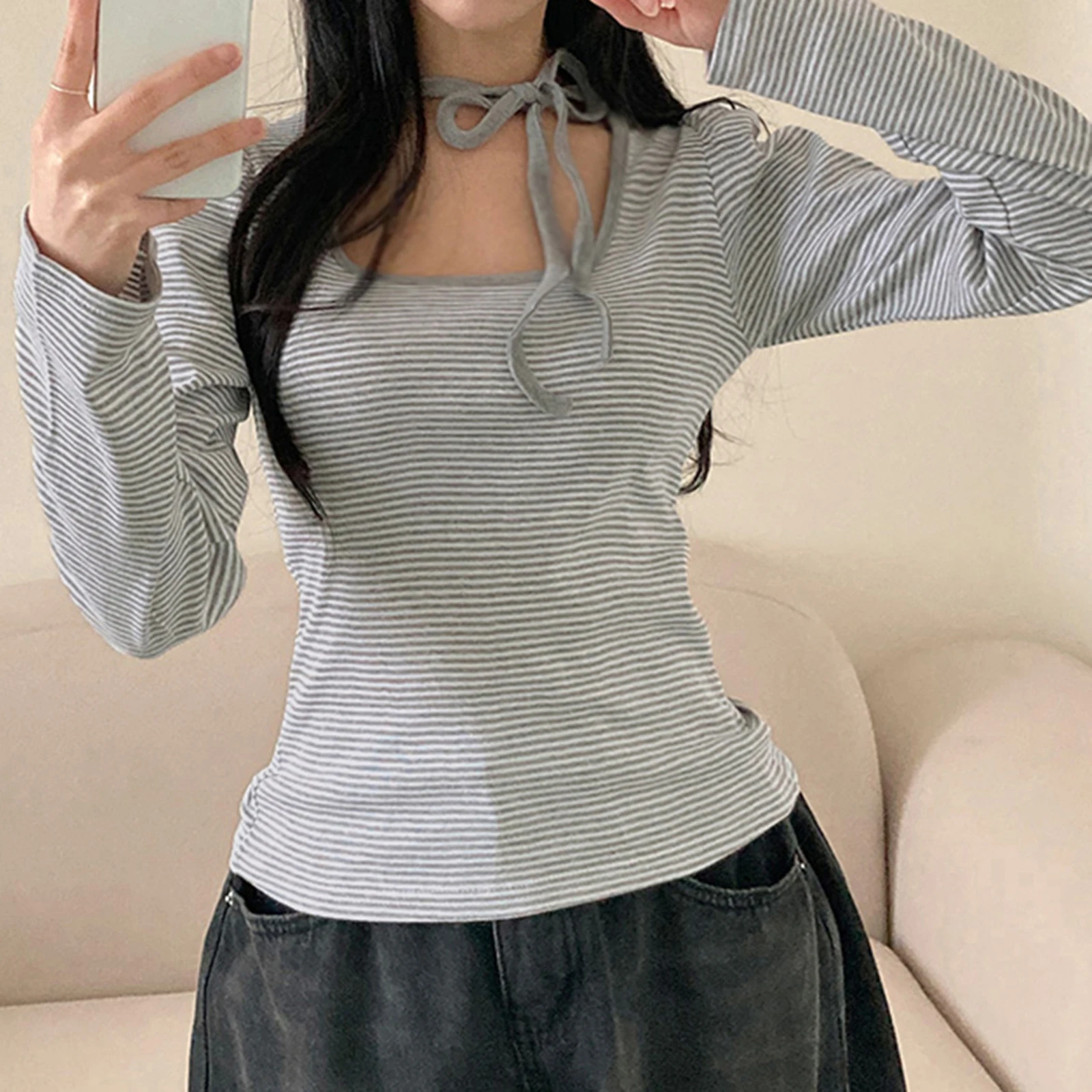 Dames tie-up patchwork tops met lange mouwen vierkante hals strepen print slim fit shirts lente herfst blouses
