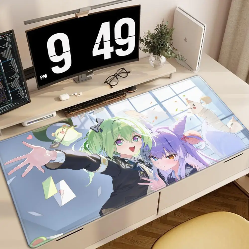Large Speed 90x40cm Spirit Fox Girl Gaming Mouse Pad HD Print Non Slip Rubber Stitched Edge Oversized Desk Mat For PC Gamer