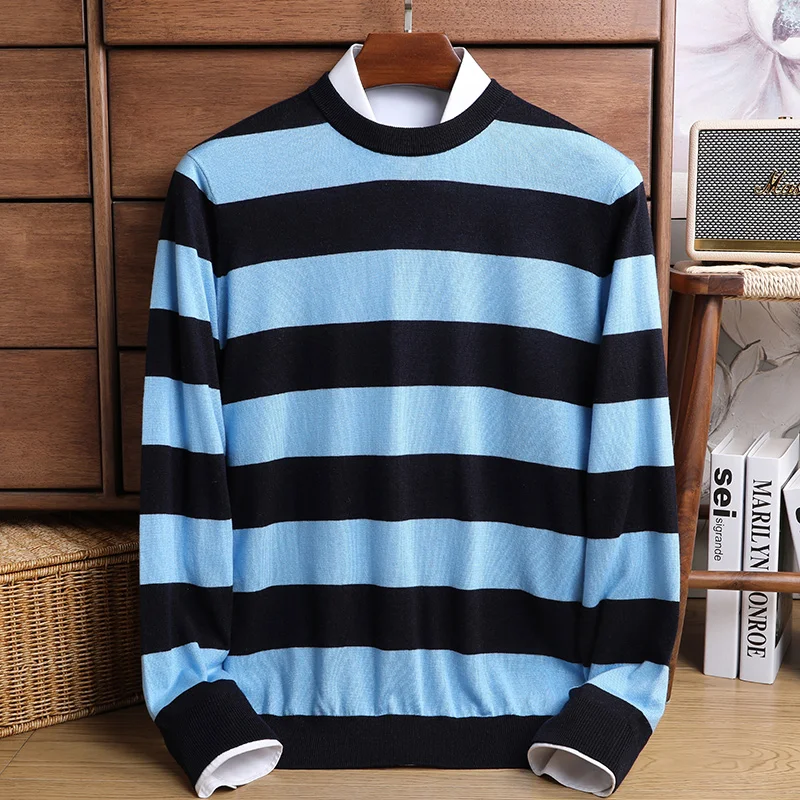 

Men's Mulberry Silk Knit Tees 2024 Spring Fashion Stripes Lyocell Long Sleeve Jumper Male Casual O-Neck Thin Kniwear Pullovers