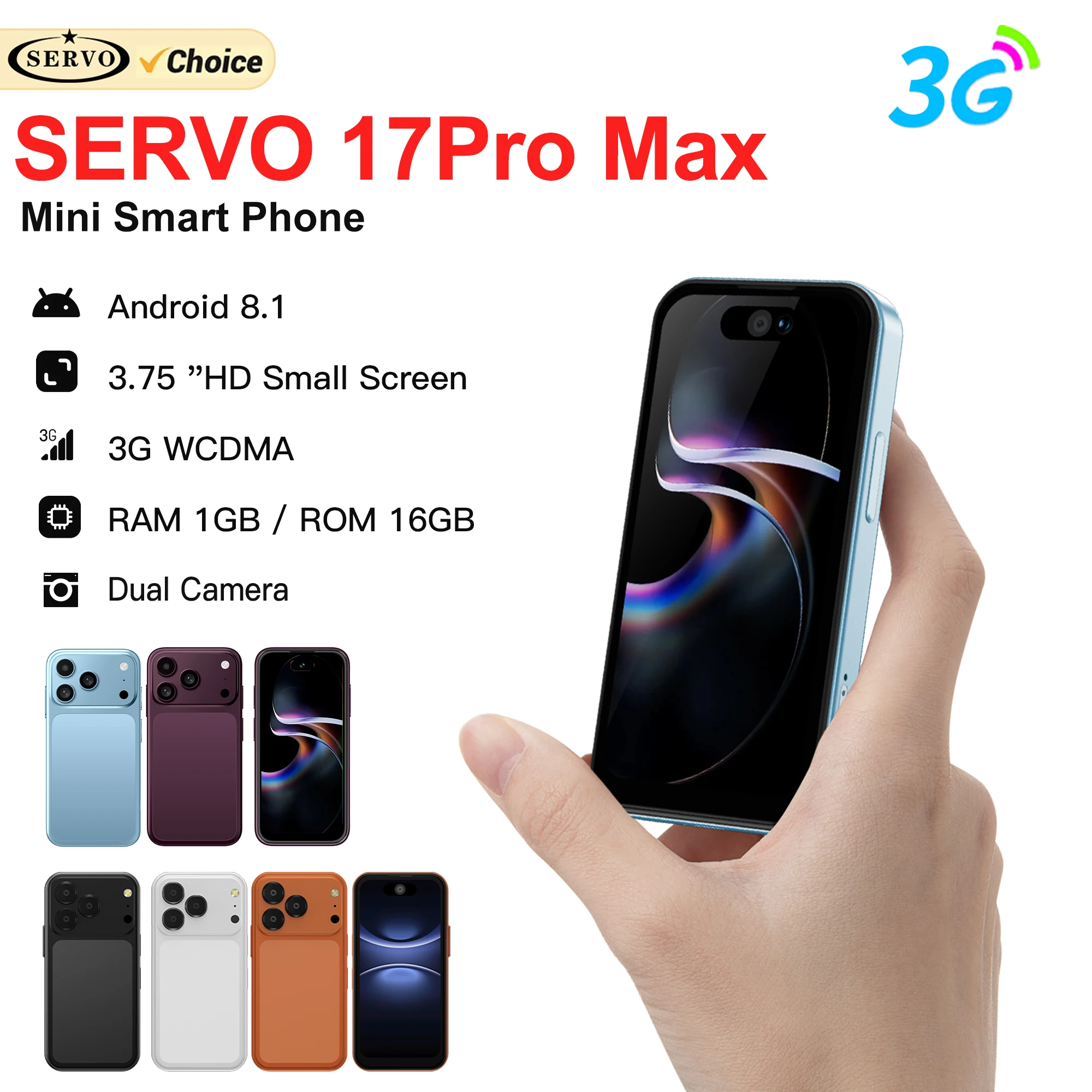 SERVO 17PRO MAX Mini Smartphone Android 8.1 3G WCDMA 3.75" Screen Dual SIM Standby 16GB ROM GPS WiFi Cute Small Mobile Phones
