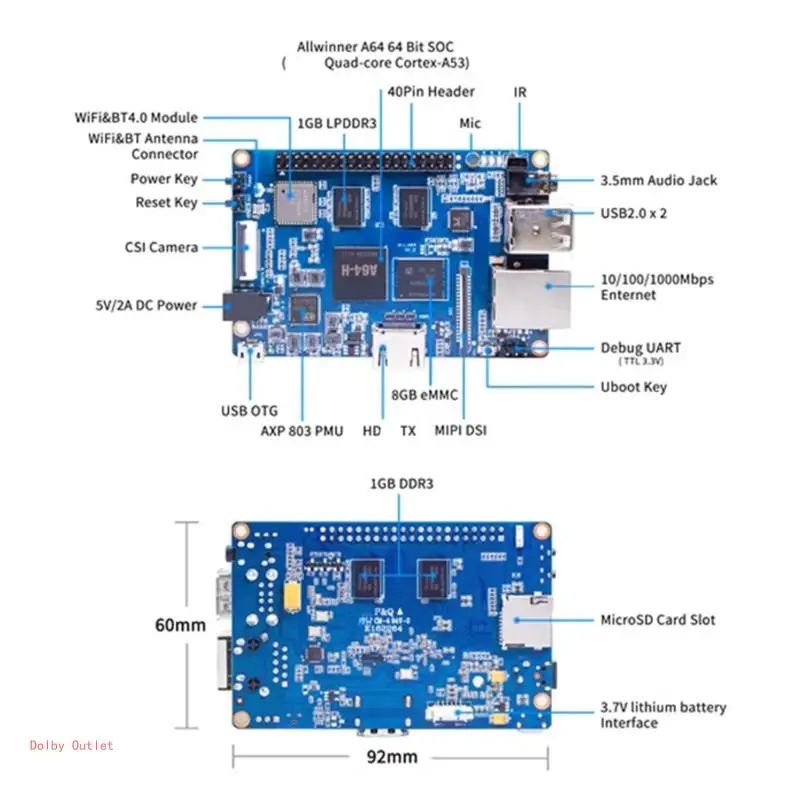 Banana BPI-M64 A64 Einplatinencomputer 2 LPDDR3 64-Bit-Quad-Cores Mini-ARM-Board mit Gigabit-Ethernet